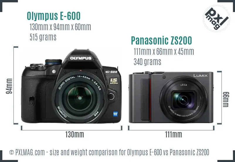 Olympus E-600 vs Panasonic ZS200 size comparison