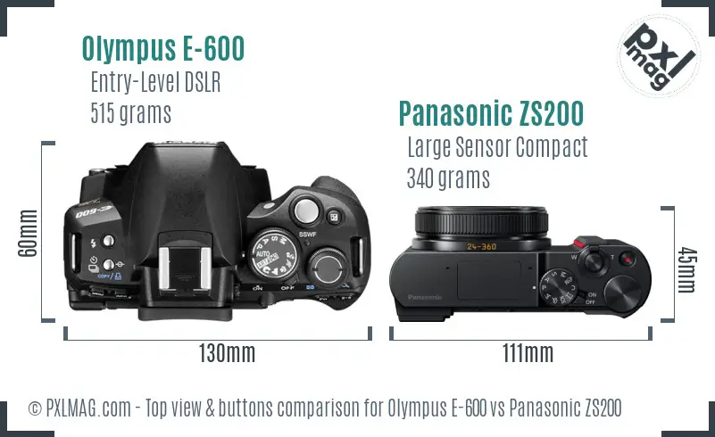 Olympus E-600 vs Panasonic ZS200 top view buttons comparison
