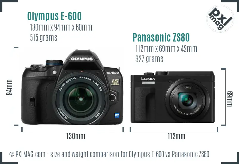 Olympus E-600 vs Panasonic ZS80 size comparison