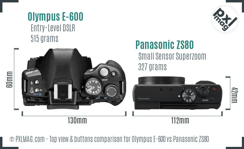 Olympus E-600 vs Panasonic ZS80 top view buttons comparison