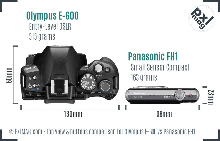 Olympus E-600 vs Panasonic FH1 top view buttons comparison