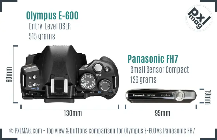 Olympus E-600 vs Panasonic FH7 top view buttons comparison