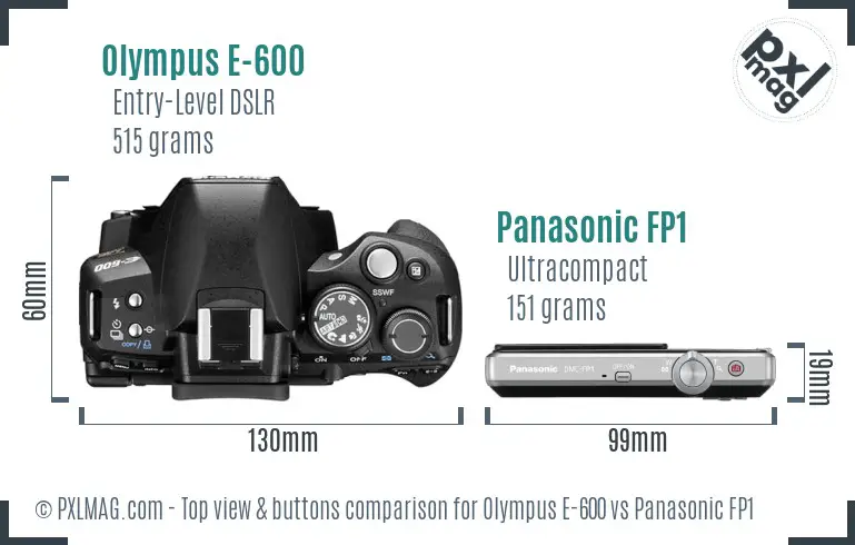 Olympus E-600 vs Panasonic FP1 top view buttons comparison