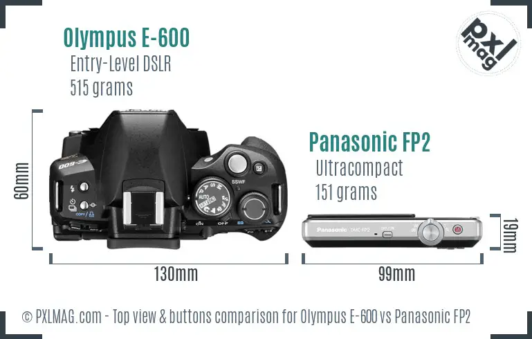 Olympus E-600 vs Panasonic FP2 top view buttons comparison