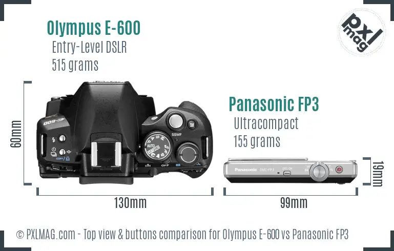 Olympus E-600 vs Panasonic FP3 top view buttons comparison