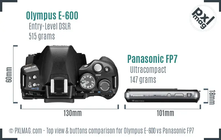 Olympus E-600 vs Panasonic FP7 top view buttons comparison
