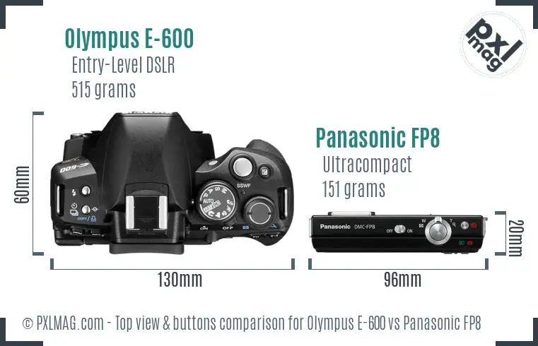 Olympus E-600 vs Panasonic FP8 top view buttons comparison