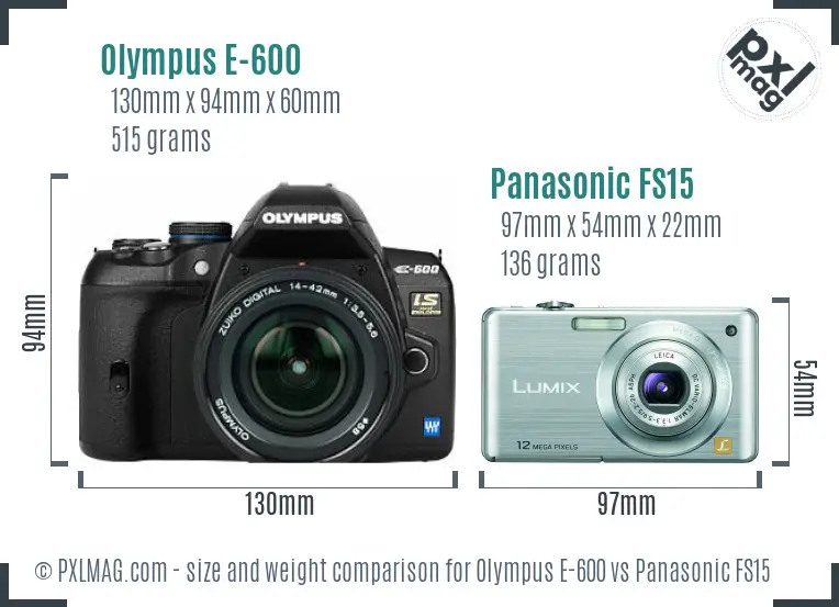 Olympus E-600 vs Panasonic FS15 size comparison