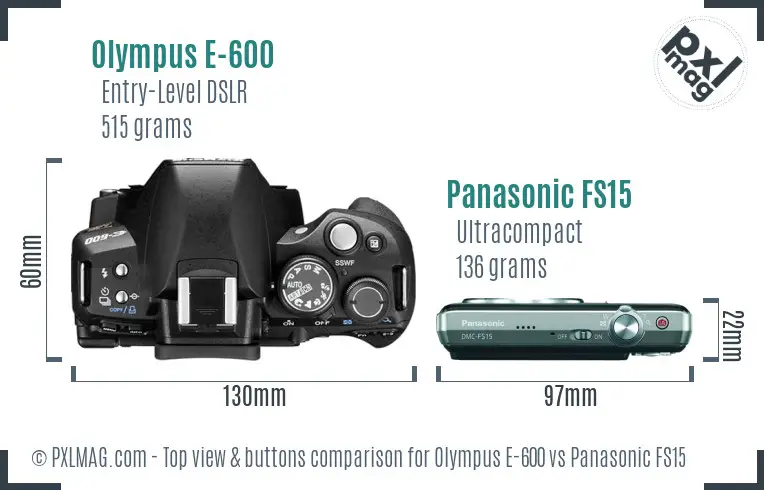 Olympus E-600 vs Panasonic FS15 top view buttons comparison