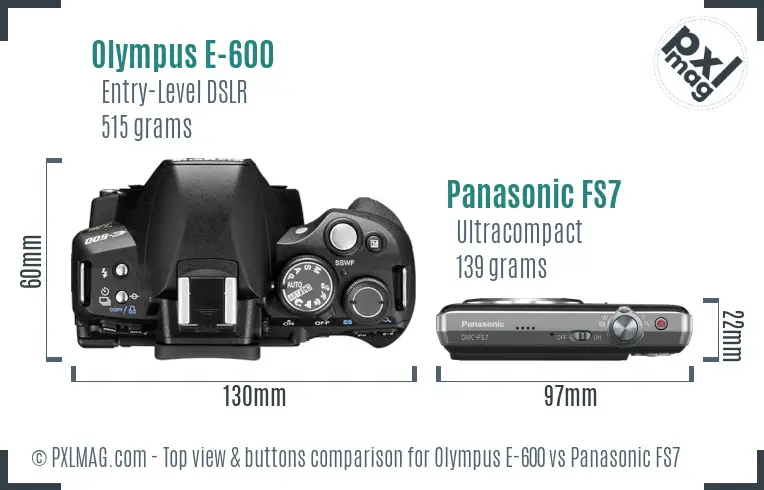 Olympus E-600 vs Panasonic FS7 top view buttons comparison