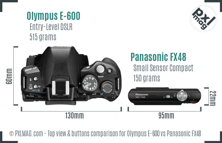 Olympus E-600 vs Panasonic FX48 top view buttons comparison
