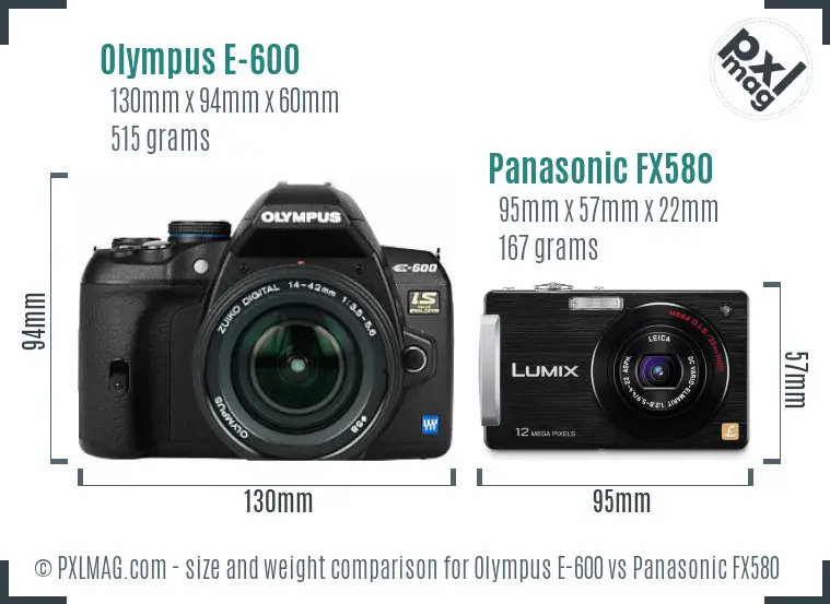 Olympus E-600 vs Panasonic FX580 size comparison