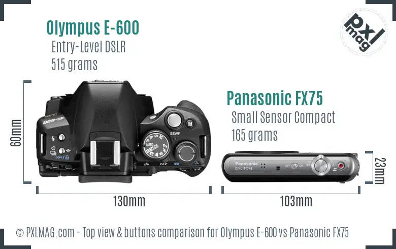 Olympus E-600 vs Panasonic FX75 top view buttons comparison