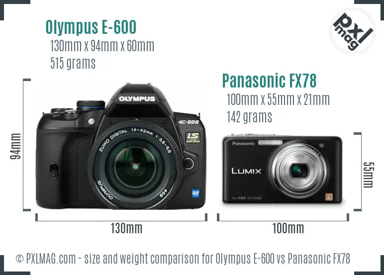 Olympus E-600 vs Panasonic FX78 size comparison