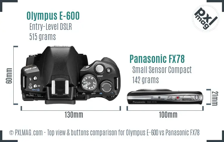 Olympus E-600 vs Panasonic FX78 top view buttons comparison