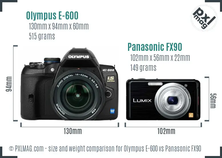 Olympus E-600 vs Panasonic FX90 size comparison