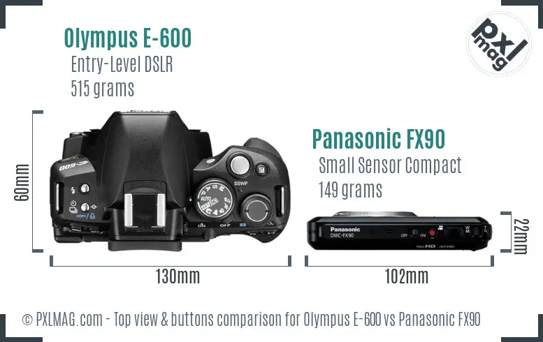 Olympus E-600 vs Panasonic FX90 top view buttons comparison