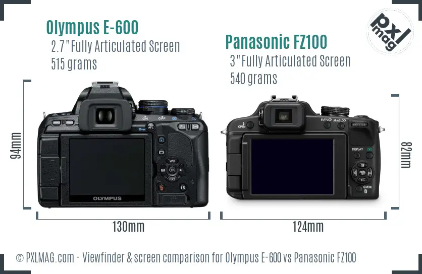 Olympus E-600 vs Panasonic FZ100 Screen and Viewfinder comparison