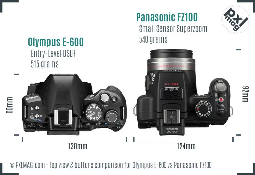 Olympus E-600 vs Panasonic FZ100 top view buttons comparison