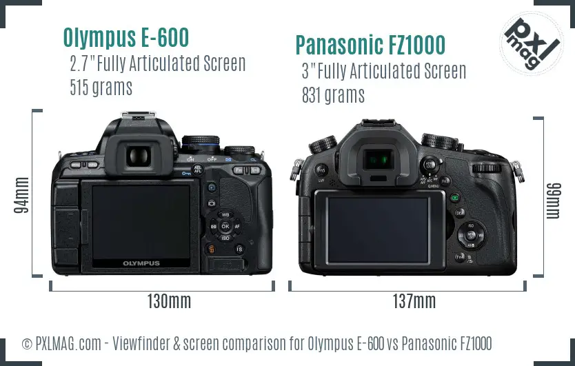 Olympus E-600 vs Panasonic FZ1000 Screen and Viewfinder comparison