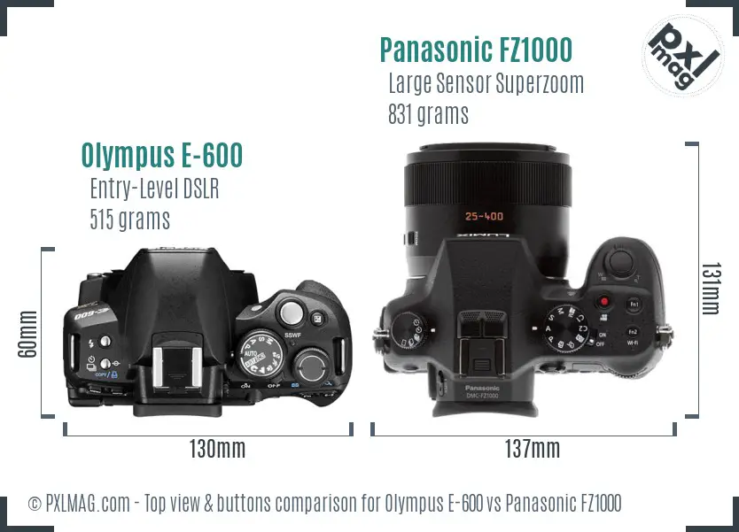 Olympus E-600 vs Panasonic FZ1000 top view buttons comparison