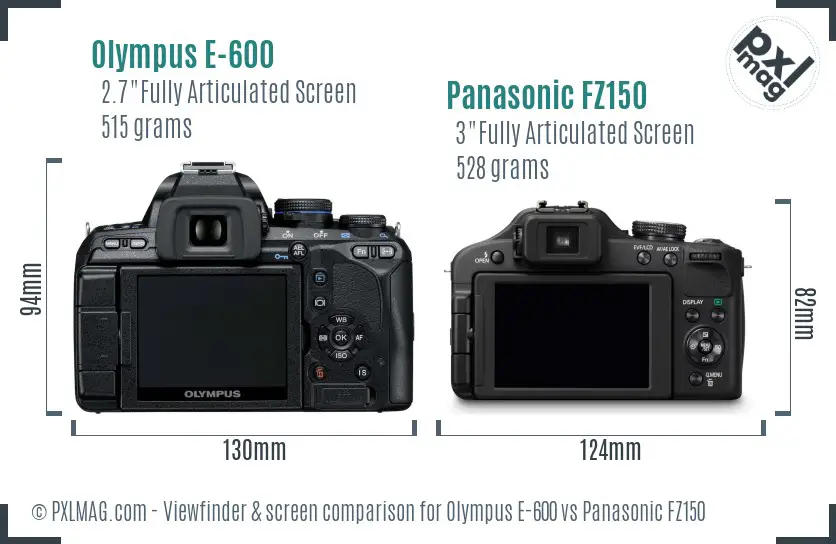 Olympus E-600 vs Panasonic FZ150 Screen and Viewfinder comparison