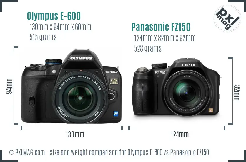 Olympus E-600 vs Panasonic FZ150 size comparison