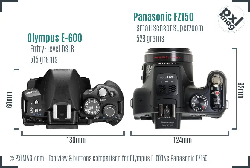 Olympus E-600 vs Panasonic FZ150 top view buttons comparison