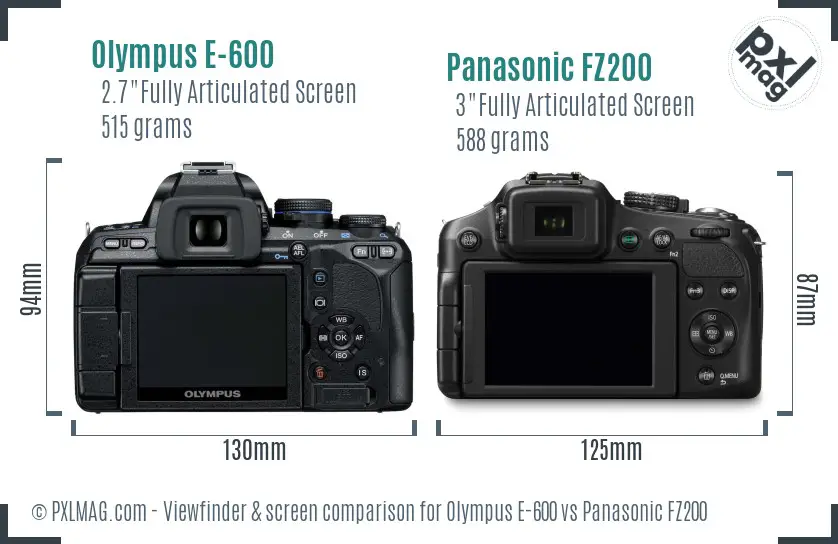 Olympus E-600 vs Panasonic FZ200 Screen and Viewfinder comparison