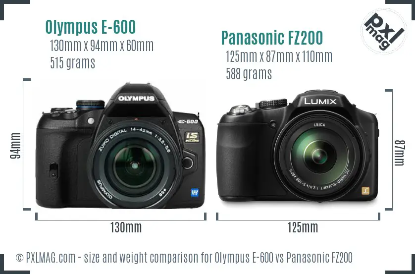 Olympus E-600 vs Panasonic FZ200 size comparison