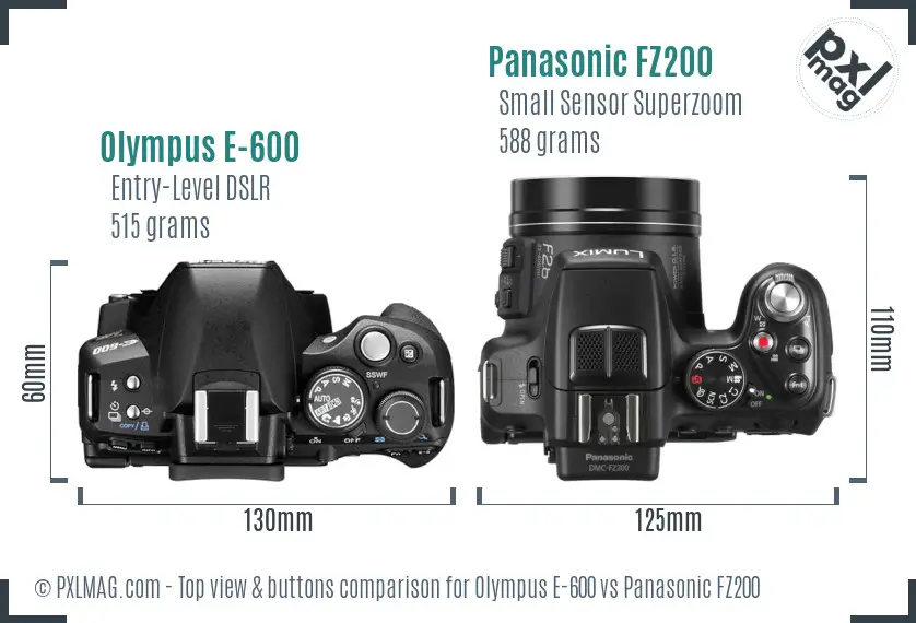 Olympus E-600 vs Panasonic FZ200 top view buttons comparison