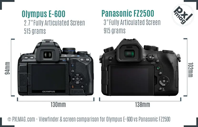 Olympus E-600 vs Panasonic FZ2500 Screen and Viewfinder comparison