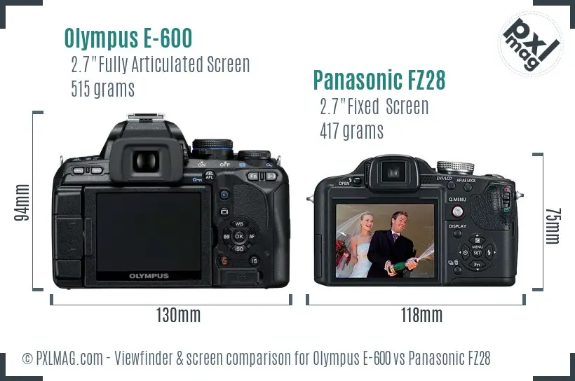 Olympus E-600 vs Panasonic FZ28 Screen and Viewfinder comparison