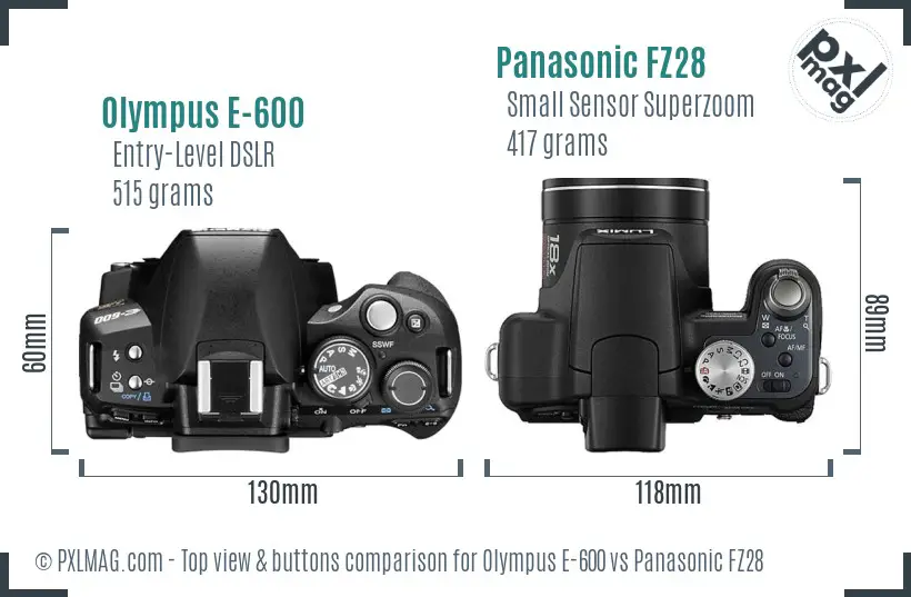 Olympus E-600 vs Panasonic FZ28 top view buttons comparison