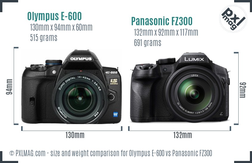 Olympus E-600 vs Panasonic FZ300 size comparison