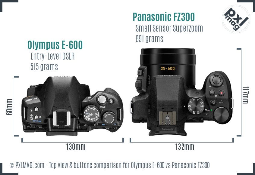 Olympus E-600 vs Panasonic FZ300 top view buttons comparison