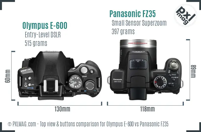 Olympus E-600 vs Panasonic FZ35 top view buttons comparison