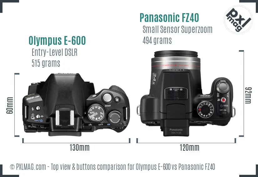 Olympus E-600 vs Panasonic FZ40 top view buttons comparison