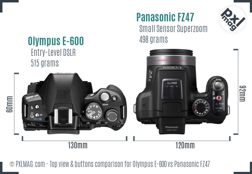 Olympus E-600 vs Panasonic FZ47 top view buttons comparison