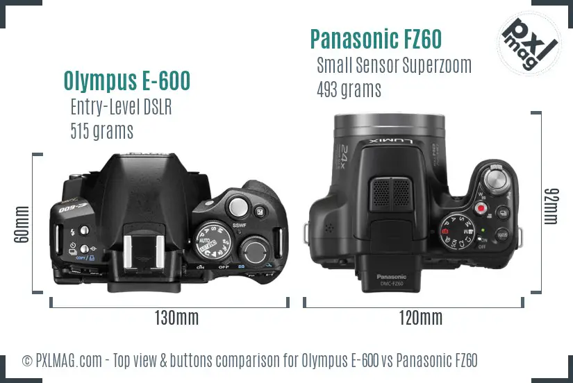 Olympus E-600 vs Panasonic FZ60 top view buttons comparison