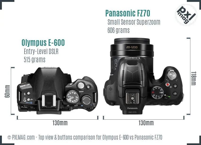 Olympus E-600 vs Panasonic FZ70 top view buttons comparison