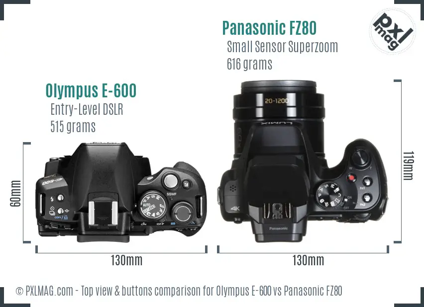 Olympus E-600 vs Panasonic FZ80 top view buttons comparison