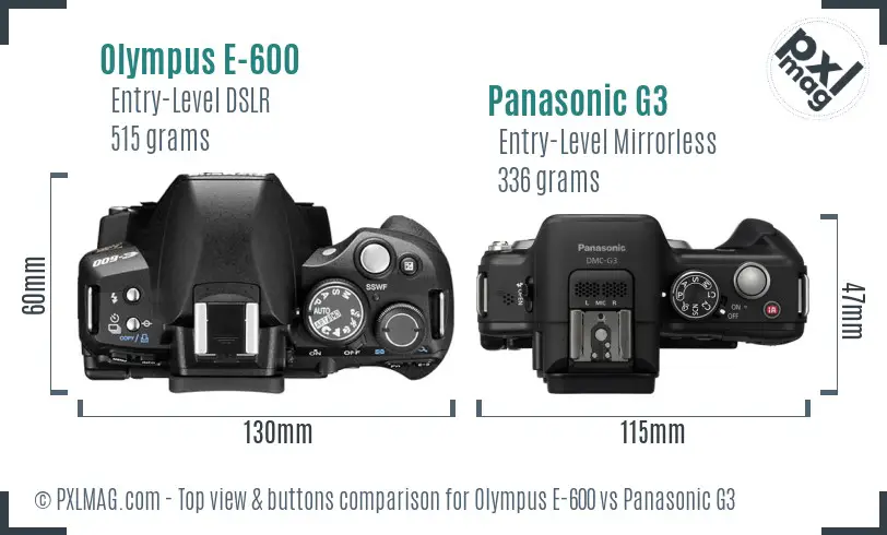 Olympus E-600 vs Panasonic G3 top view buttons comparison