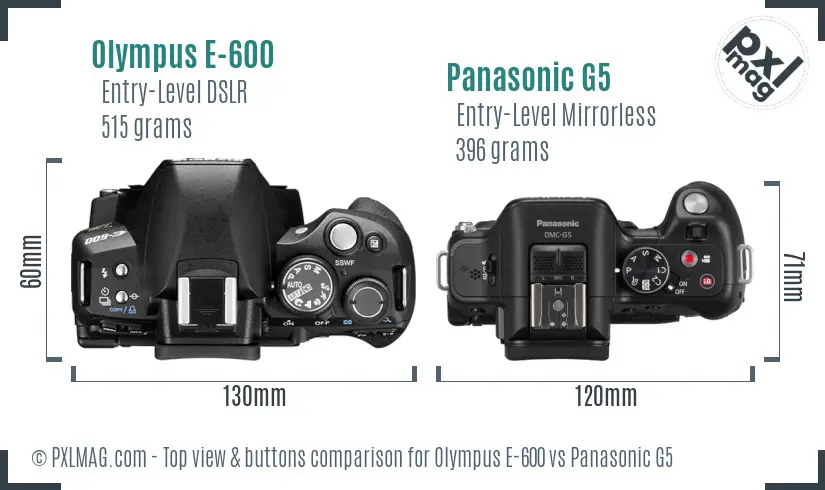 Olympus E-600 vs Panasonic G5 top view buttons comparison