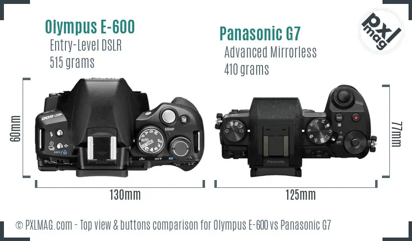 Olympus E-600 vs Panasonic G7 top view buttons comparison