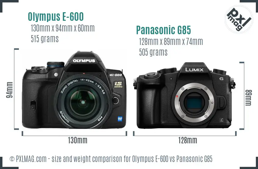 Olympus E-600 vs Panasonic G85 size comparison