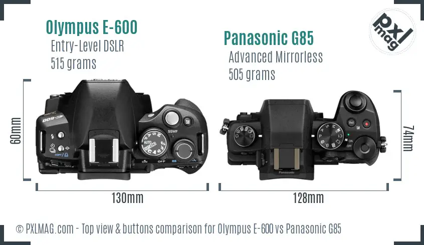 Olympus E-600 vs Panasonic G85 top view buttons comparison