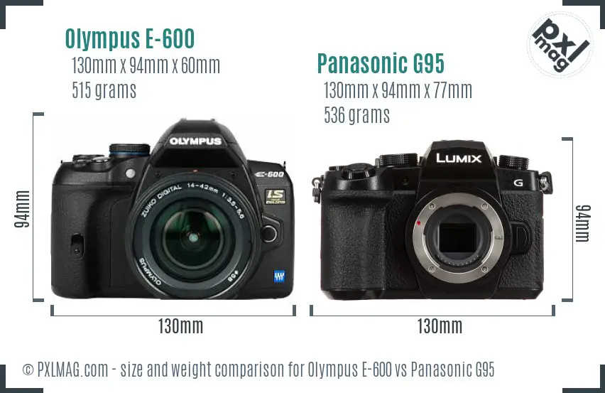 Olympus E-600 vs Panasonic G95 size comparison