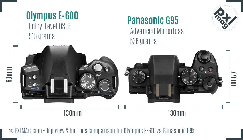 Olympus E-600 vs Panasonic G95 top view buttons comparison