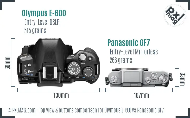 Olympus E-600 vs Panasonic GF7 top view buttons comparison